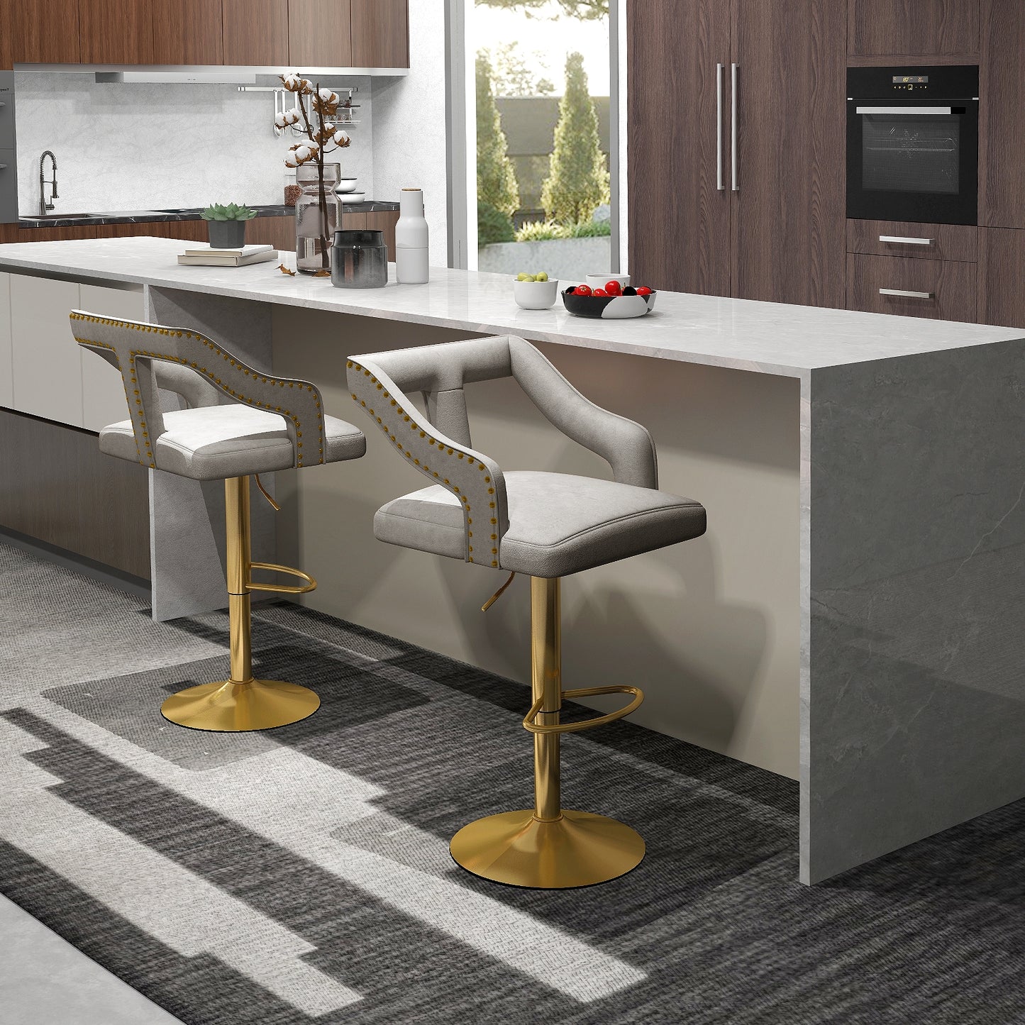 360° Swivel Luxury Velvet Bar Stools with Footrest and Metal Base, Set of 2 – Grey