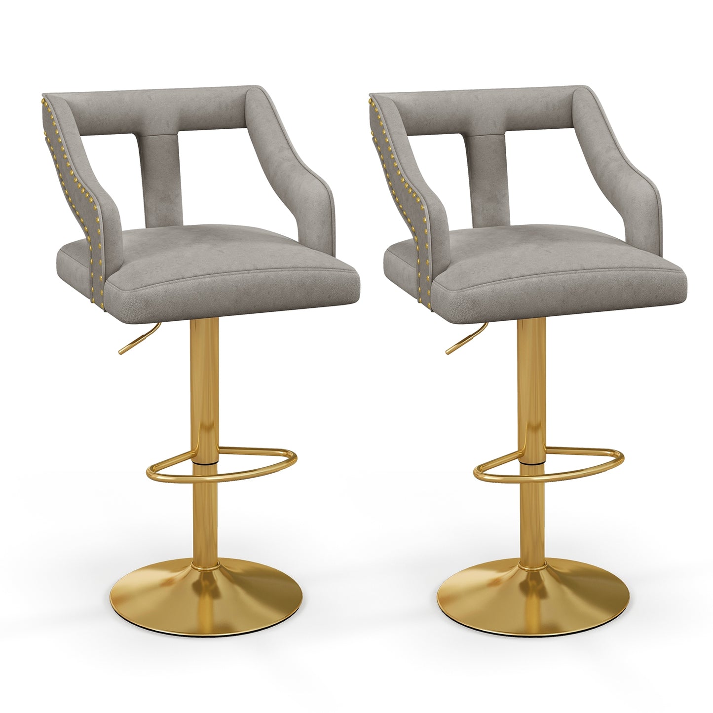 360° Swivel Luxury Velvet Bar Stools with Footrest and Metal Base, Set of 2 – Grey