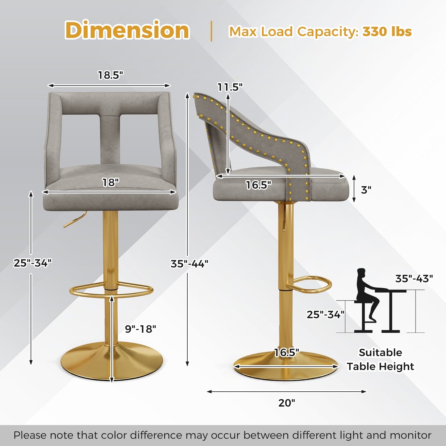 360° Swivel Luxury Velvet Bar Stools with Footrest and Metal Base, Set of 2 – Grey