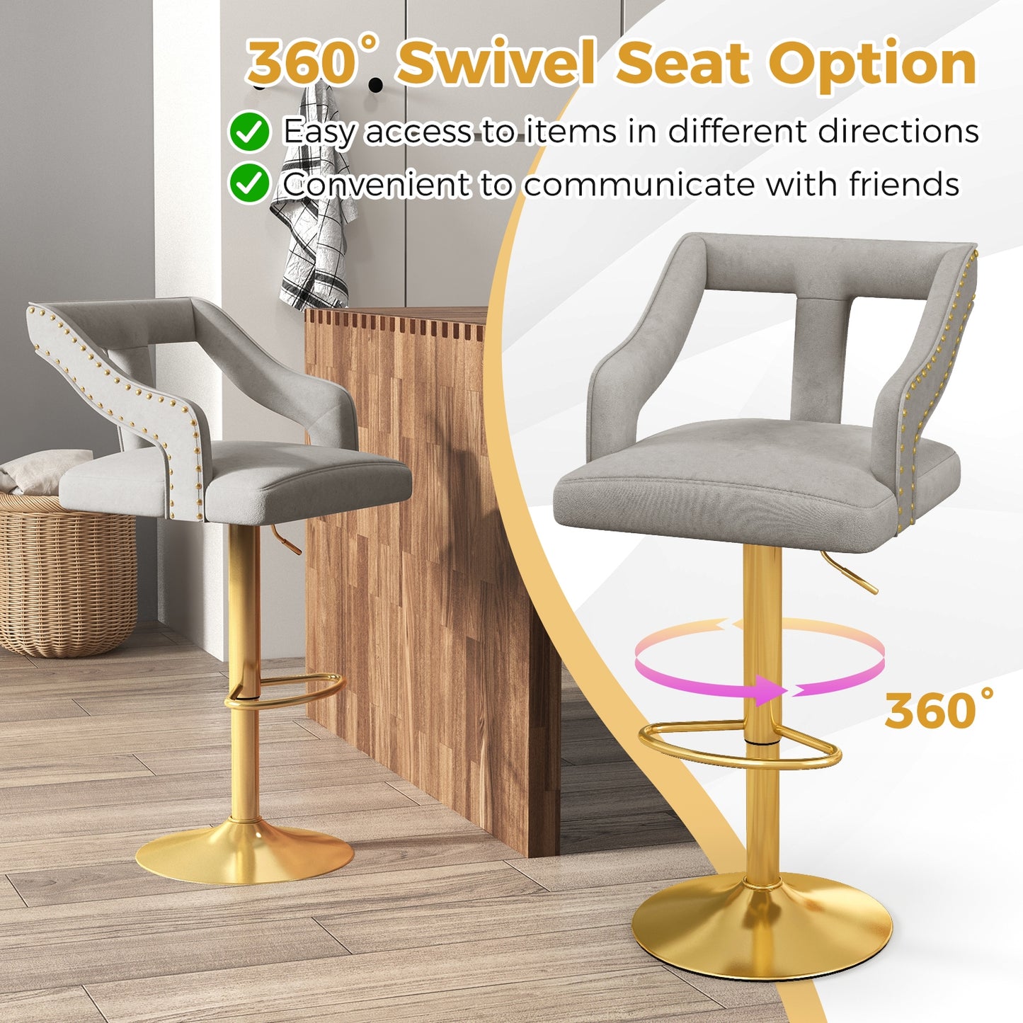 360° Swivel Luxury Velvet Bar Stools with Footrest and Metal Base, Set of 2 – Grey