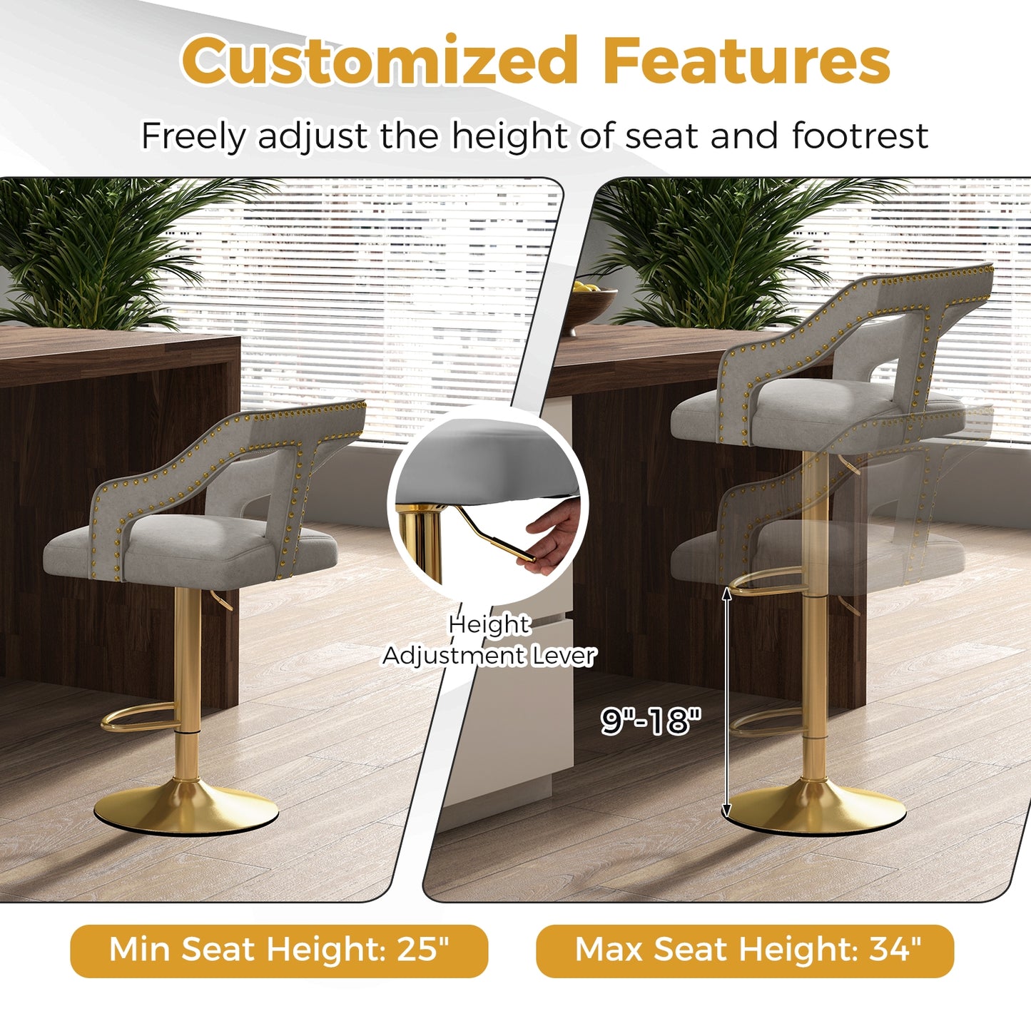 360° Swivel Luxury Velvet Bar Stools with Footrest and Metal Base, Set of 2 – Grey