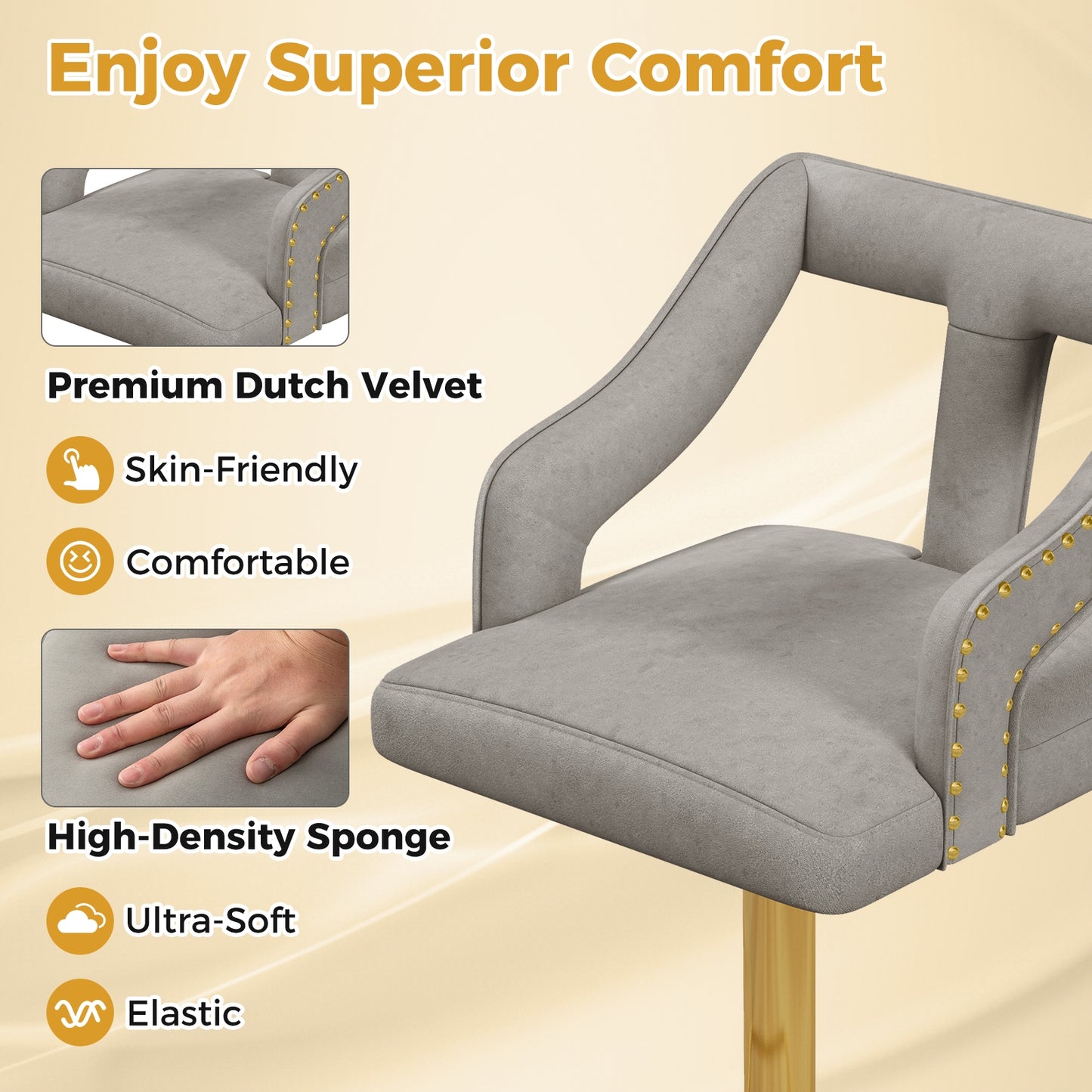 360° Swivel Luxury Velvet Bar Stools with Footrest and Metal Base, Set of 2 – Grey