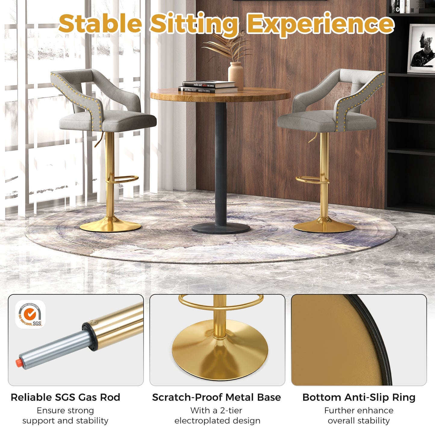 360° Swivel Luxury Velvet Bar Stools with Footrest and Metal Base, Set of 2 – Grey