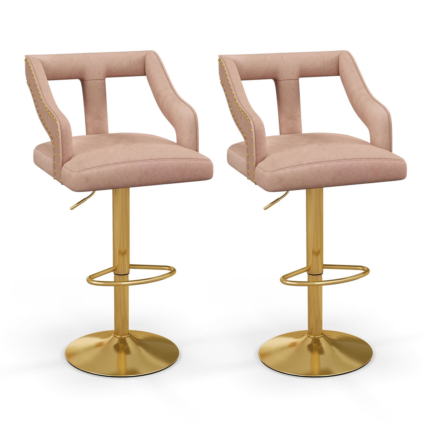 360° Swivel Luxury Velvet Bar Stools with Footrest and Metal Base, Set of 2 – Pink