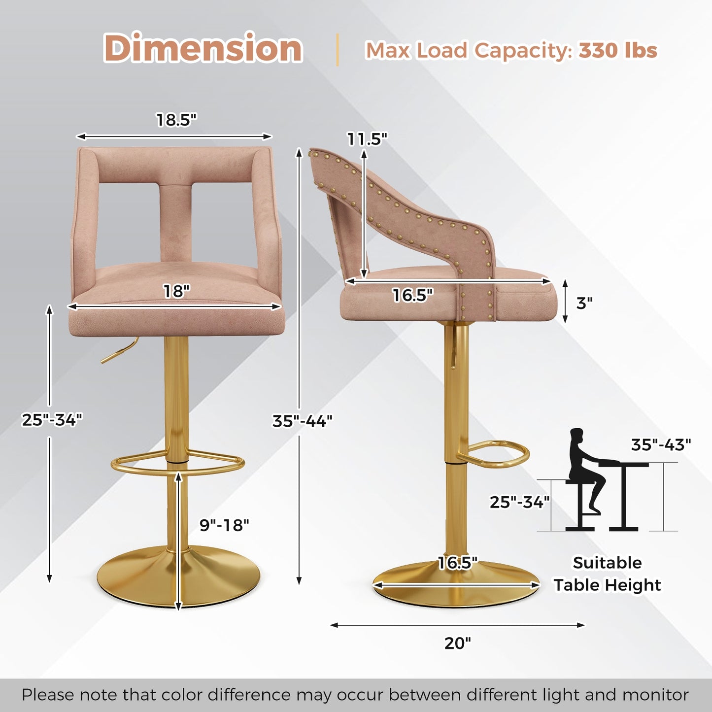 360° Swivel Luxury Velvet Bar Stools with Footrest and Metal Base, Set of 2 – Pink