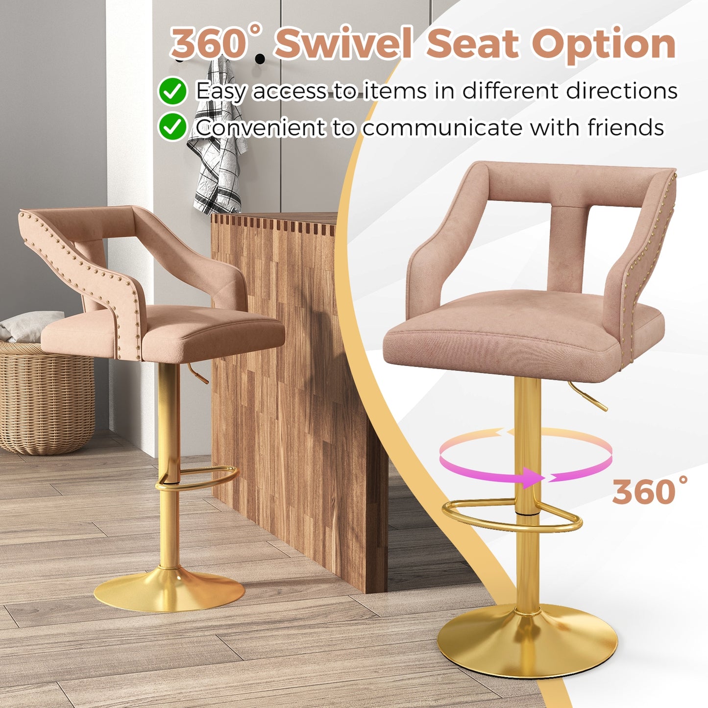 360° Swivel Luxury Velvet Bar Stools with Footrest and Metal Base, Set of 2 – Pink