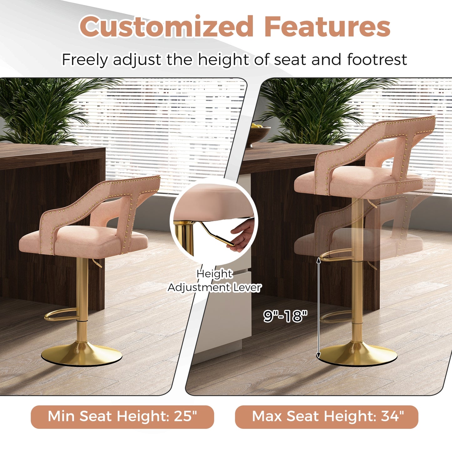 360° Swivel Luxury Velvet Bar Stools with Footrest and Metal Base, Set of 2 – Pink