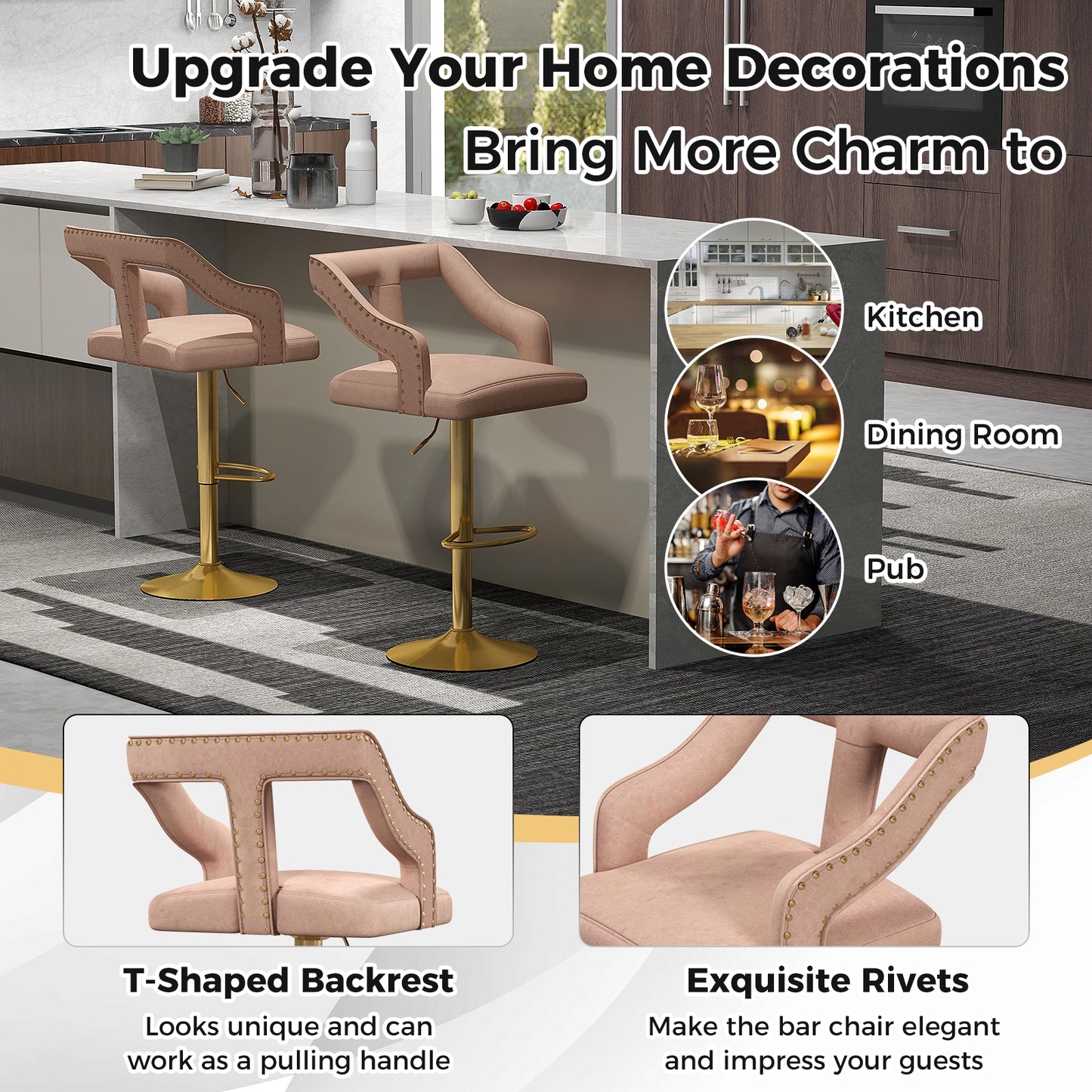 360° Swivel Luxury Velvet Bar Stools with Footrest and Metal Base, Set of 2 – Pink