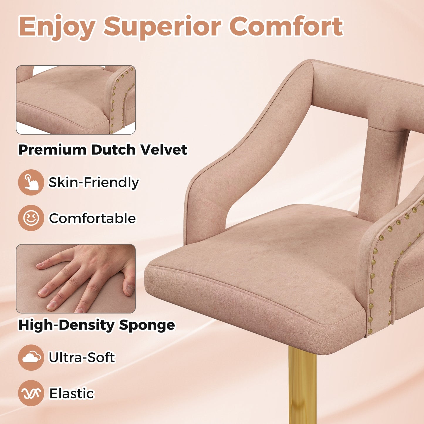 360° Swivel Luxury Velvet Bar Stools with Footrest and Metal Base, Set of 2 – Pink