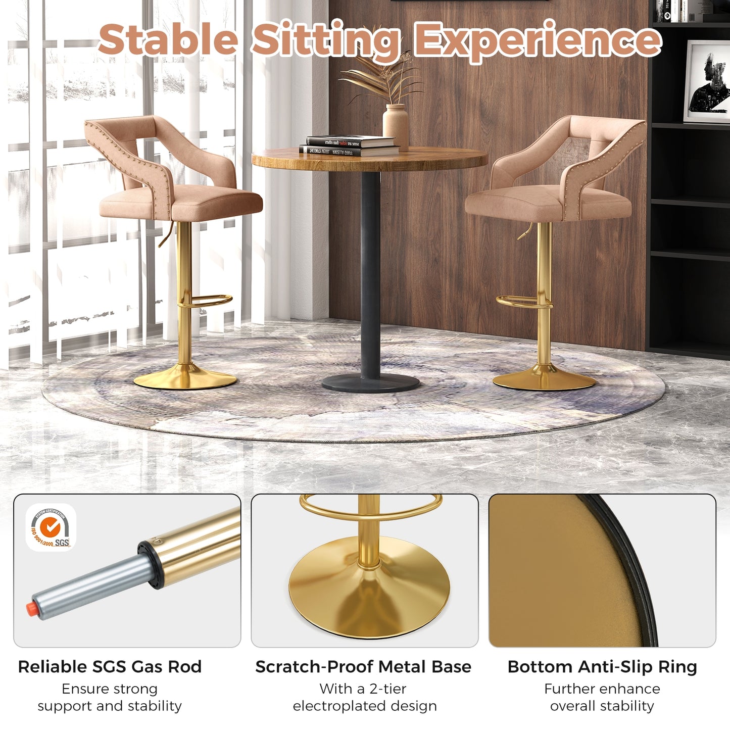 360° Swivel Luxury Velvet Bar Stools with Footrest and Metal Base, Set of 2 – Pink