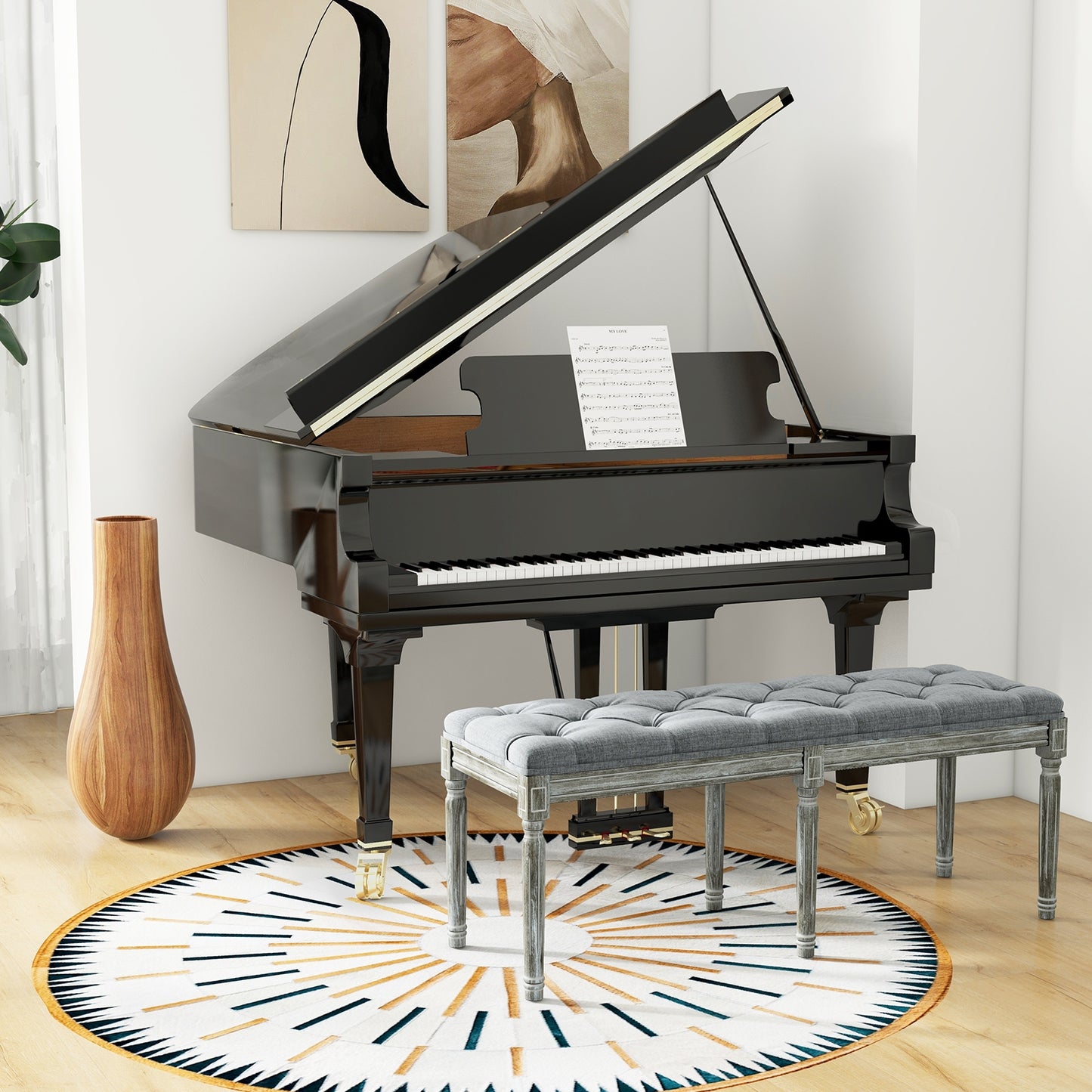 47 Inch Upholstered Tufted Entryway Bench with Carved Wood Legs and Vintage French Design, Grey