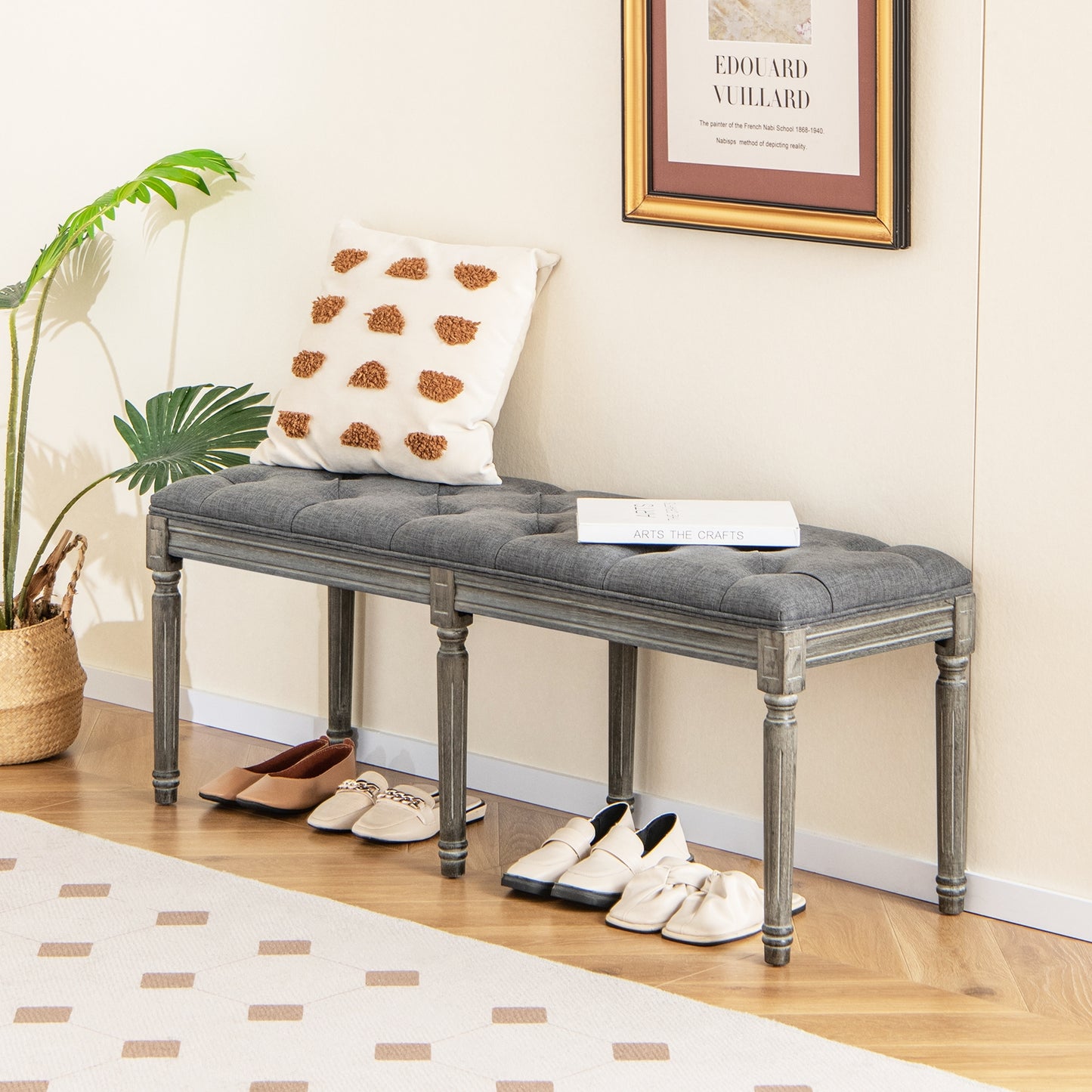 47 Inch Upholstered Tufted Entryway Bench with Carved Wood Legs and Vintage French Design, Grey