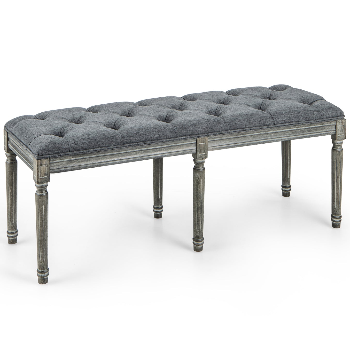47 Inch Upholstered Tufted Entryway Bench with Carved Wood Legs and Vintage French Design, Grey