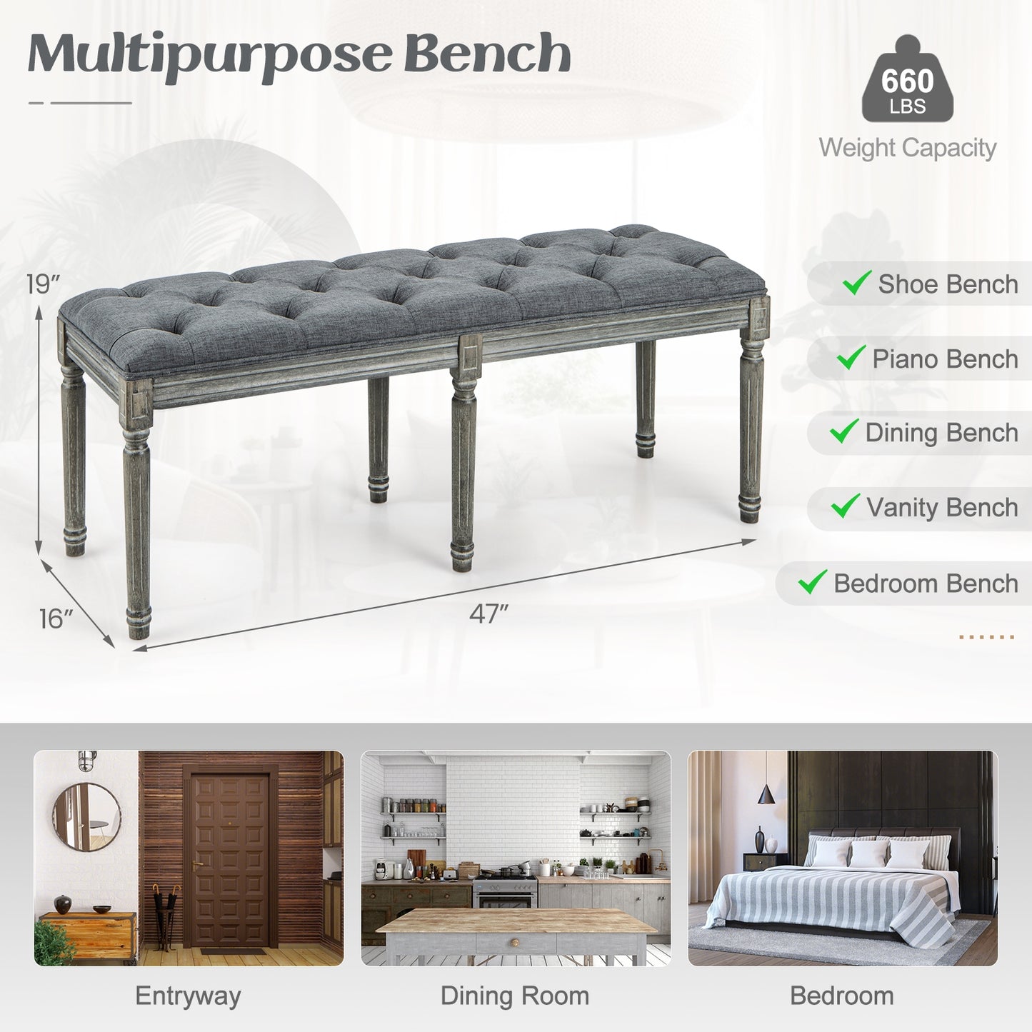 47 Inch Upholstered Tufted Entryway Bench with Carved Wood Legs and Vintage French Design, Grey