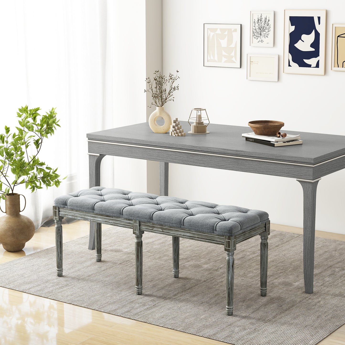 47 Inch Upholstered Tufted Entryway Bench with Carved Wood Legs and Vintage French Design, Grey