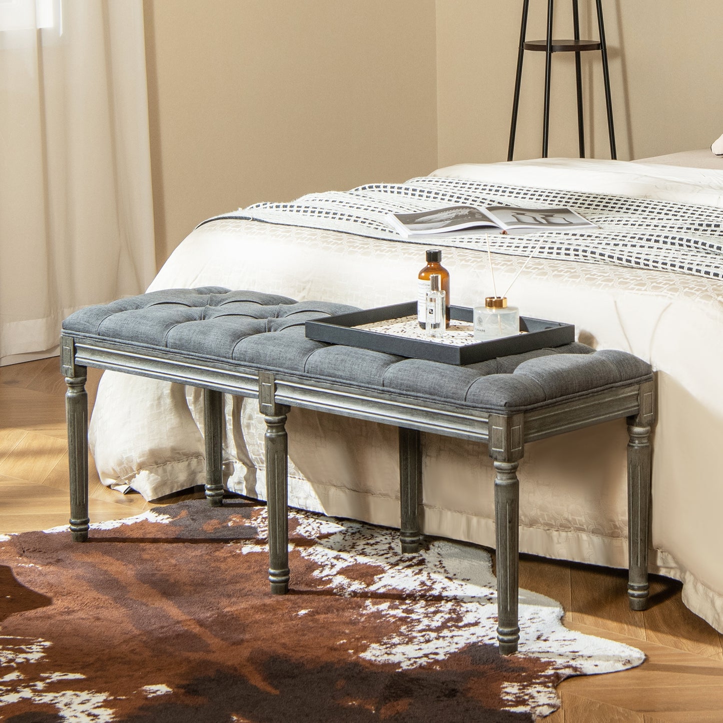 47 Inch Upholstered Tufted Entryway Bench with Carved Wood Legs and Vintage French Design, Grey