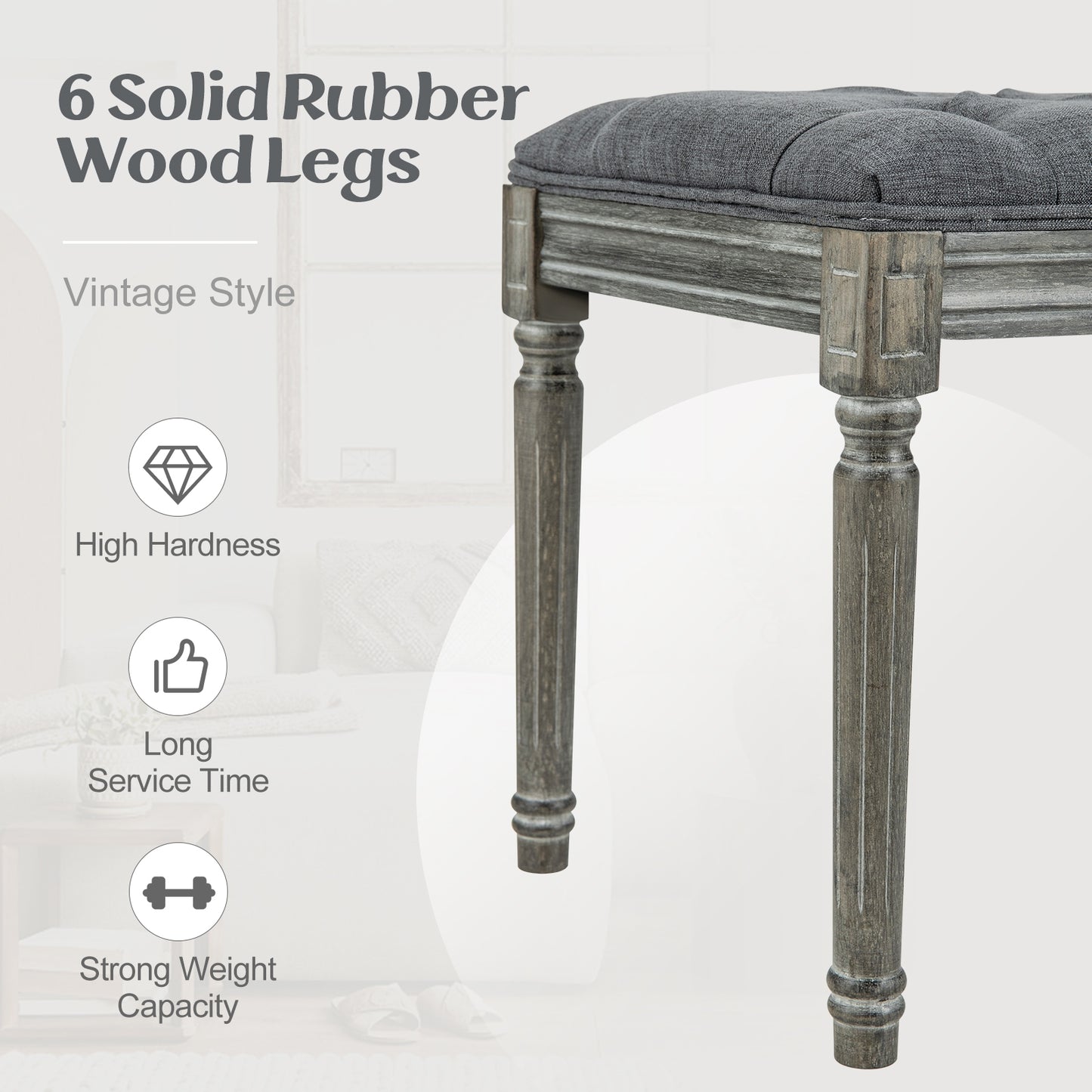 47 Inch Upholstered Tufted Entryway Bench with Carved Wood Legs and Vintage French Design, Grey