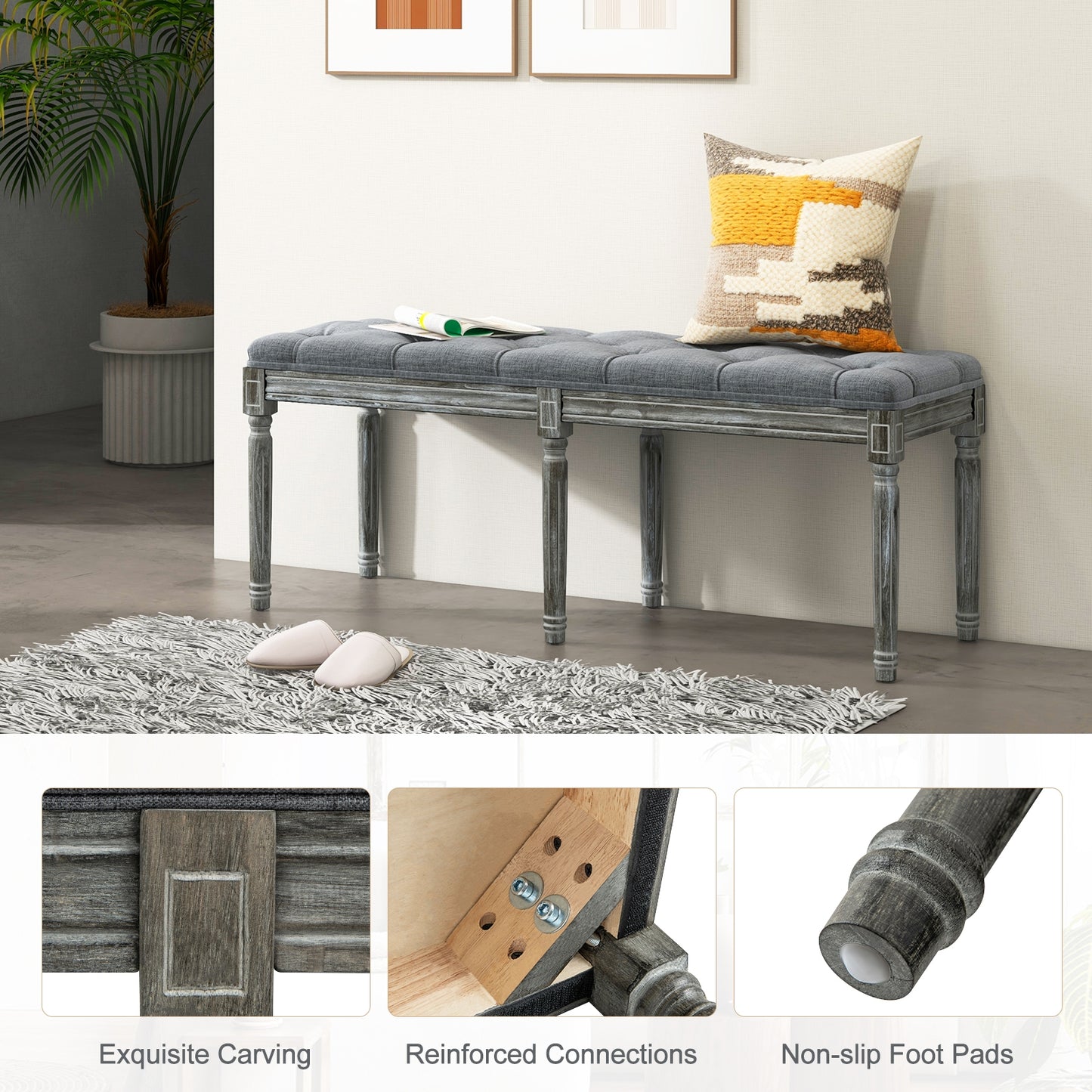 47 Inch Upholstered Tufted Entryway Bench with Carved Wood Legs and Vintage French Design, Grey