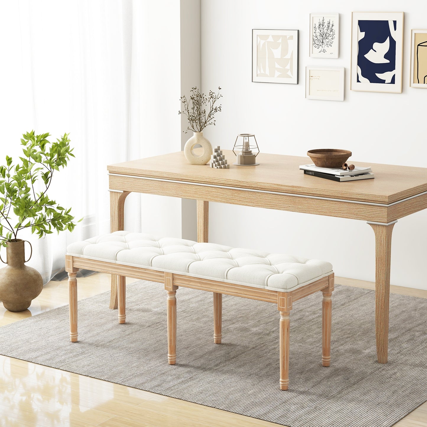 47 Inch Upholstered Tufted Entryway Bench with Carved Wood Legs and Vintage French Design, Beige