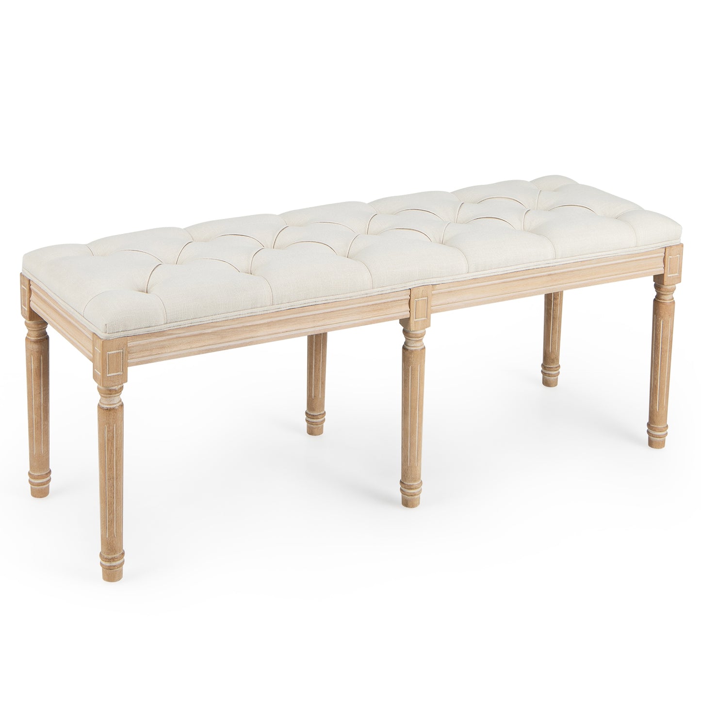 47 Inch Upholstered Tufted Entryway Bench with Carved Wood Legs and Vintage French Design, Beige