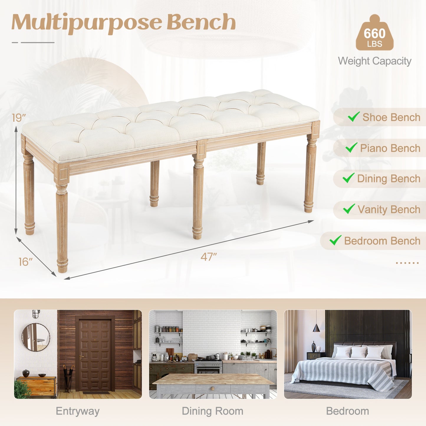 47 Inch Upholstered Tufted Entryway Bench with Carved Wood Legs and Vintage French Design, Beige