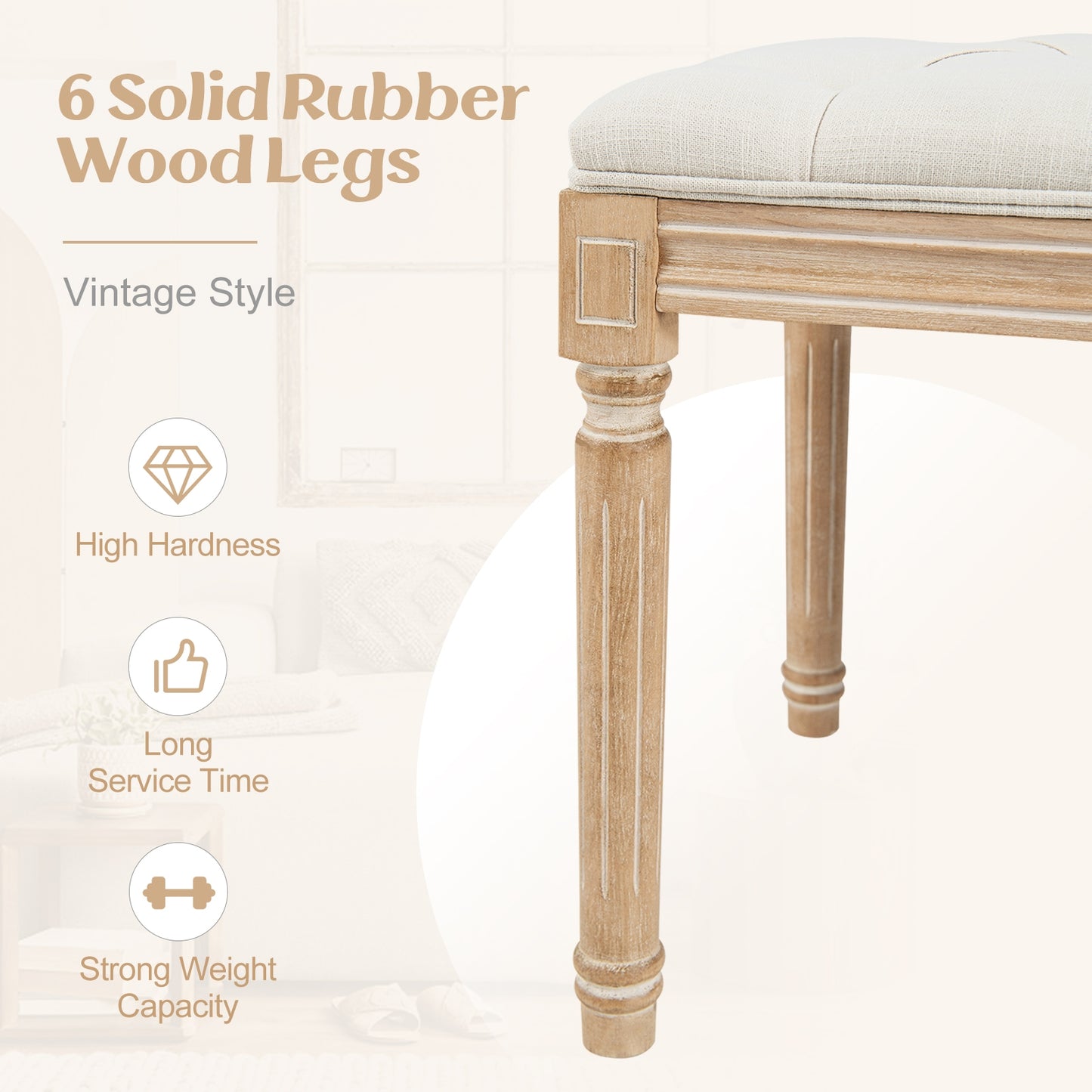 47 Inch Upholstered Tufted Entryway Bench with Carved Wood Legs and Vintage French Design, Beige