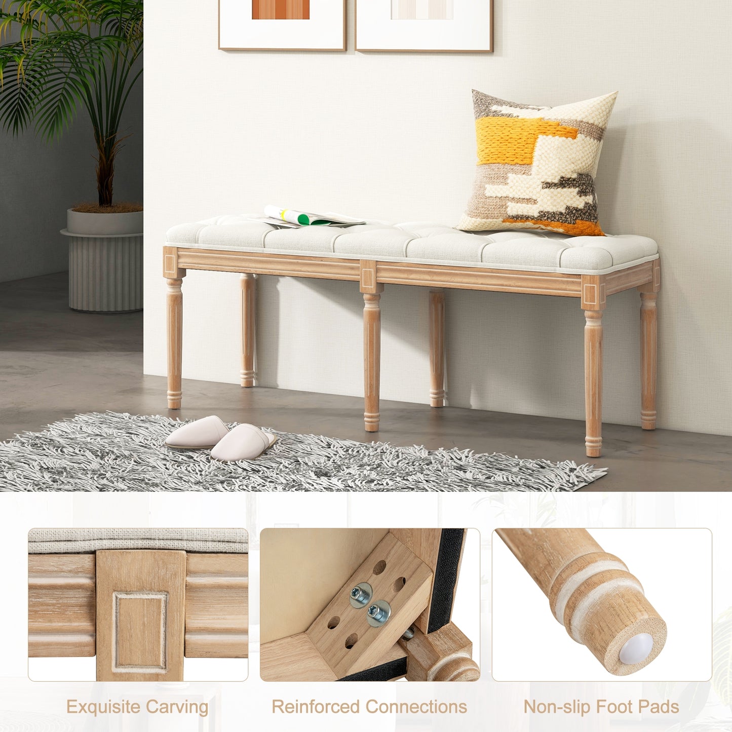 47 Inch Upholstered Tufted Entryway Bench with Carved Wood Legs and Vintage French Design, Beige