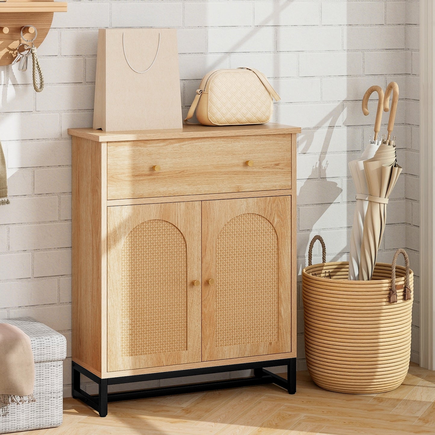 Freestanding Accent Storage Cabinet with Rattan Doors & Drawer