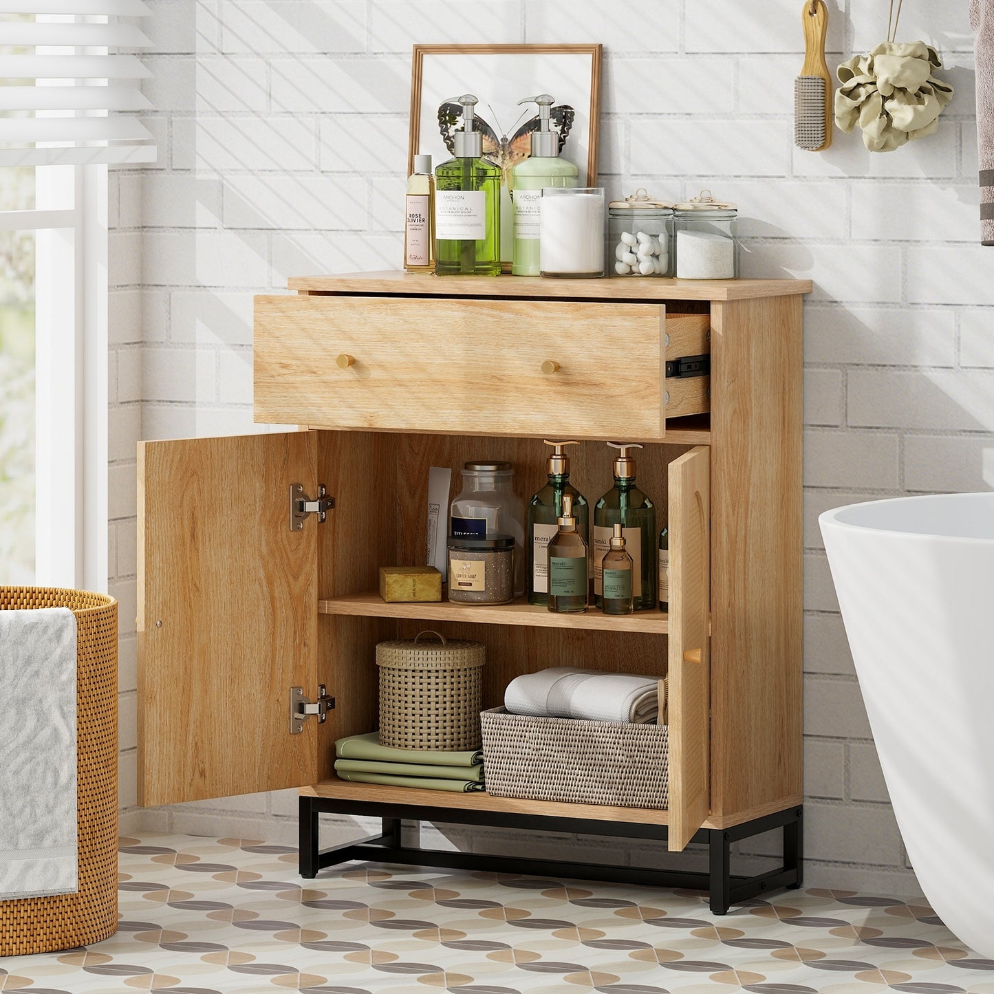 Freestanding Accent Storage Cabinet with Rattan Doors & Drawer