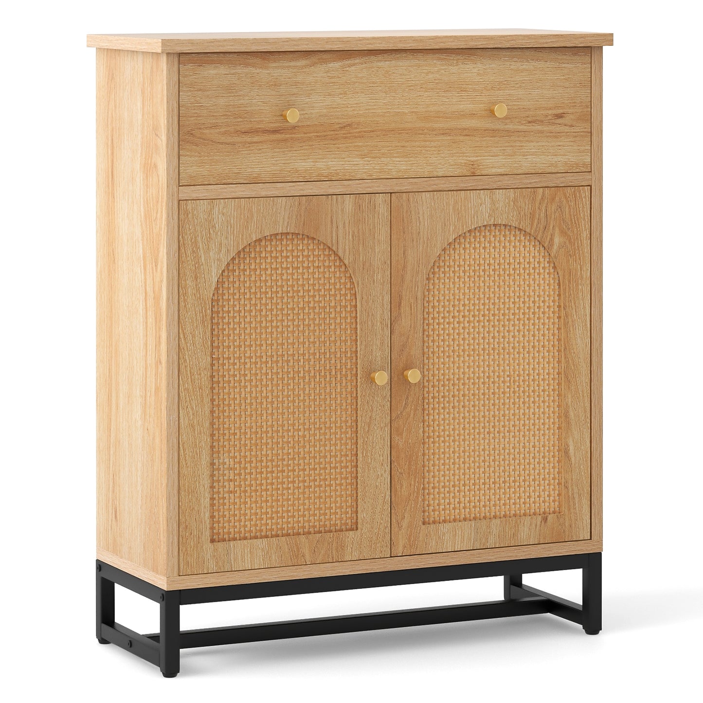 Freestanding Accent Storage Cabinet with Rattan Doors & Drawer