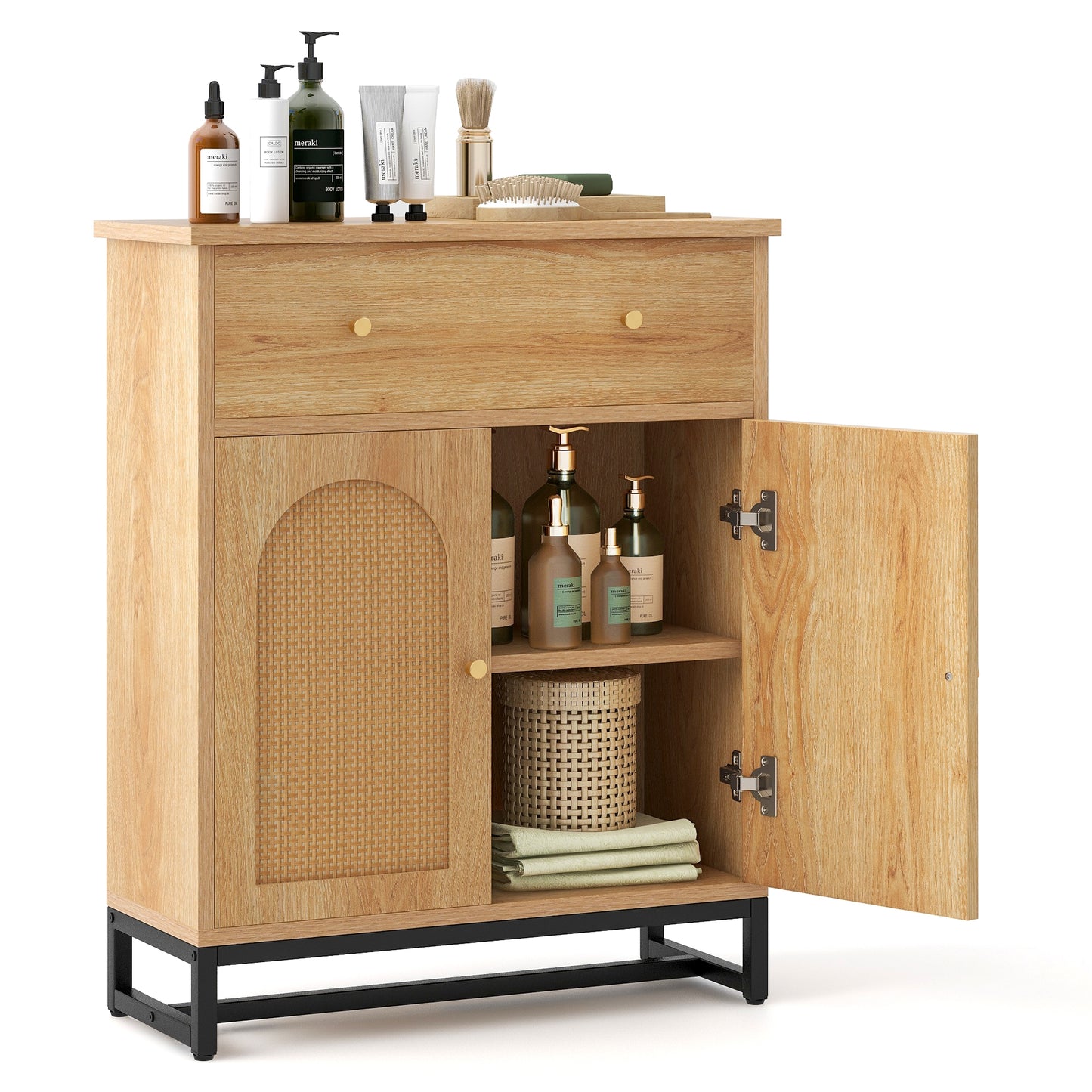 Freestanding Accent Storage Cabinet with Rattan Doors & Drawer