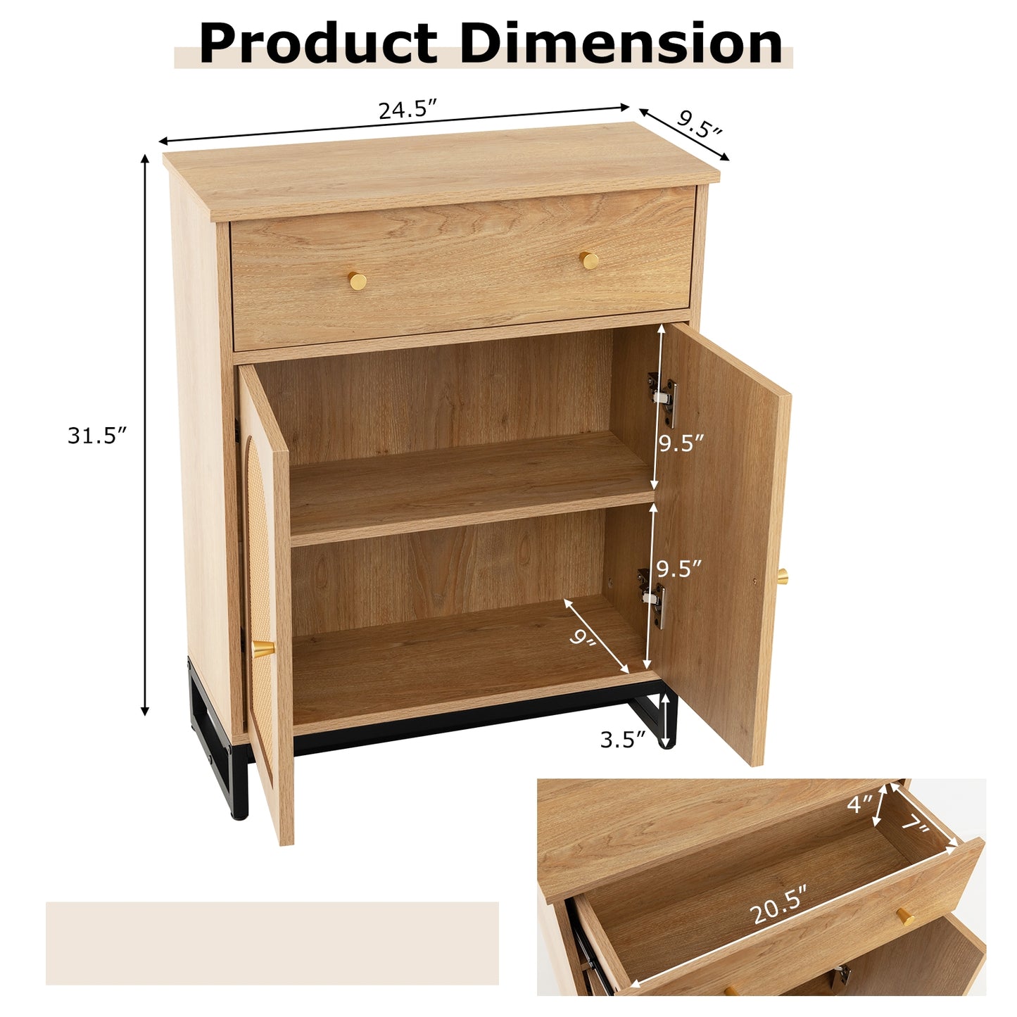 Freestanding Accent Storage Cabinet with Rattan Doors & Drawer