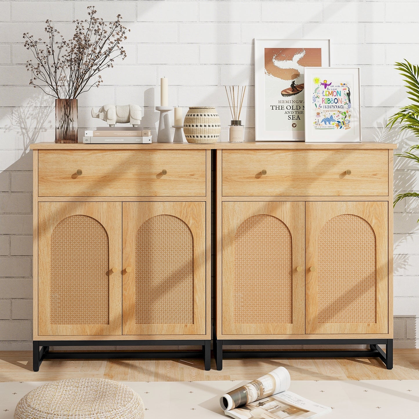 Freestanding Accent Storage Cabinet with Rattan Doors & Drawer