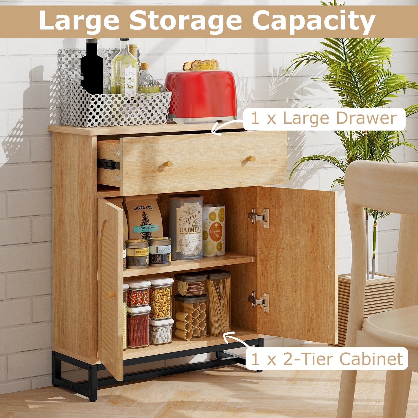 Freestanding Accent Storage Cabinet with Rattan Doors & Drawer