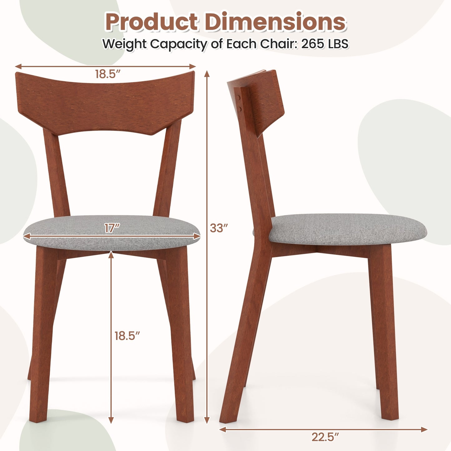 Wooden Dining Chairs with Rubber Wood Legs and Padded Seat Set of 2