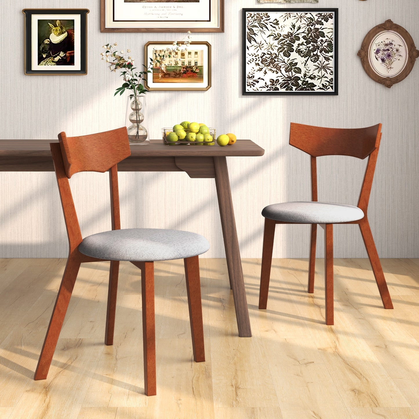Wooden Dining Chairs with Rubber Wood Legs and Padded Seat Set of 2