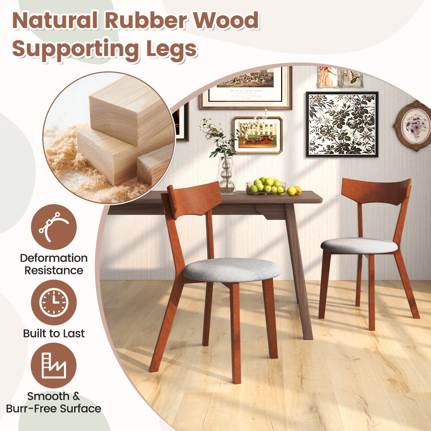 Wooden Dining Chairs with Rubber Wood Legs and Padded Seat Set of 2