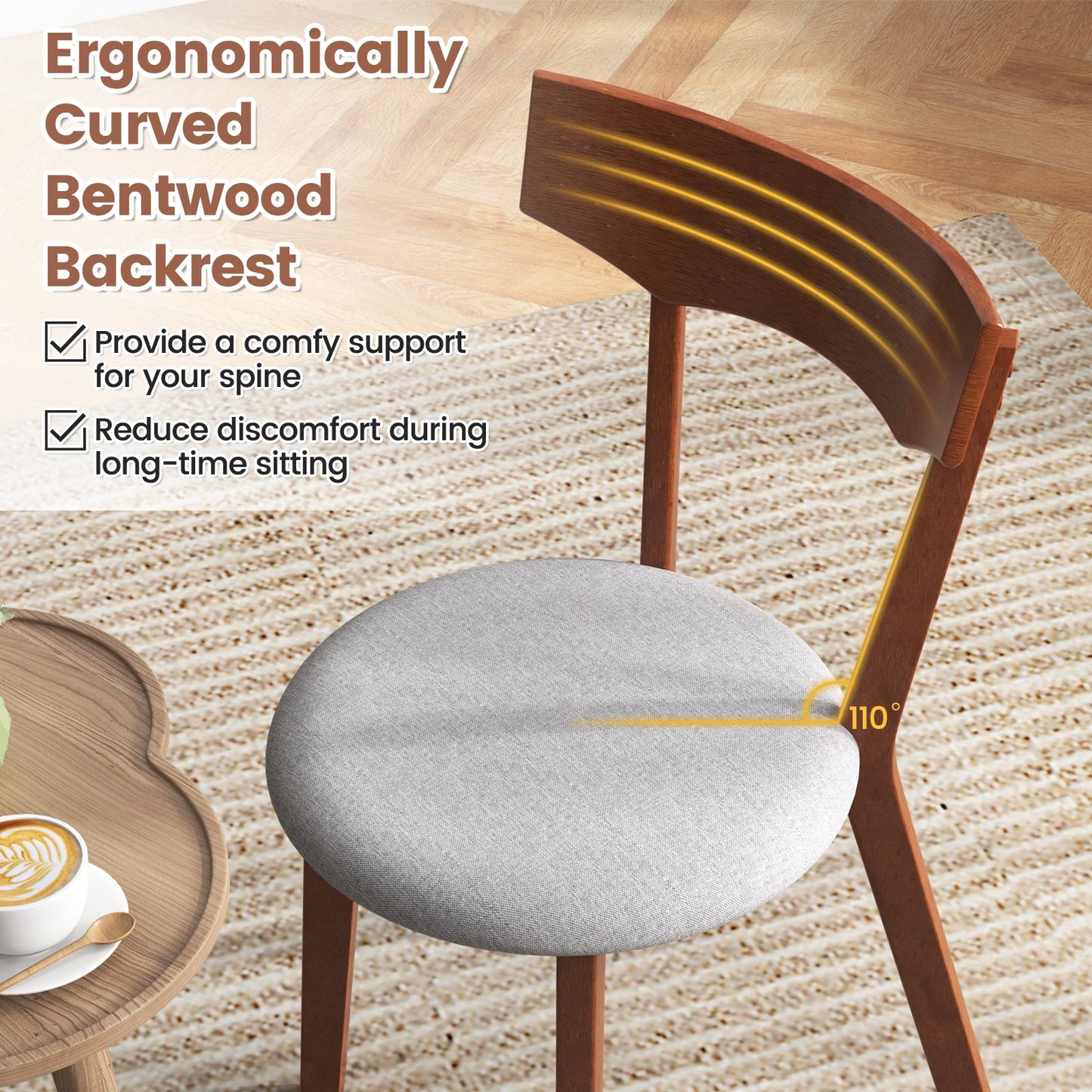 Wooden Dining Chairs with Rubber Wood Legs and Padded Seat Set of 2