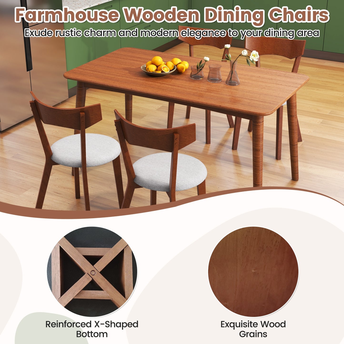 Wooden Dining Chairs with Rubber Wood Legs and Padded Seat Set of 2