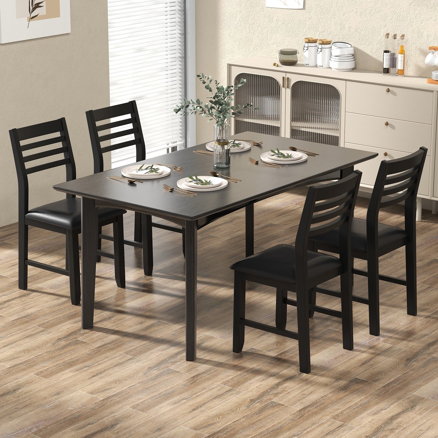 Set of 2 Wooden Dining Chairs with Cushioned Seat and Rubber Wood Frame – Black