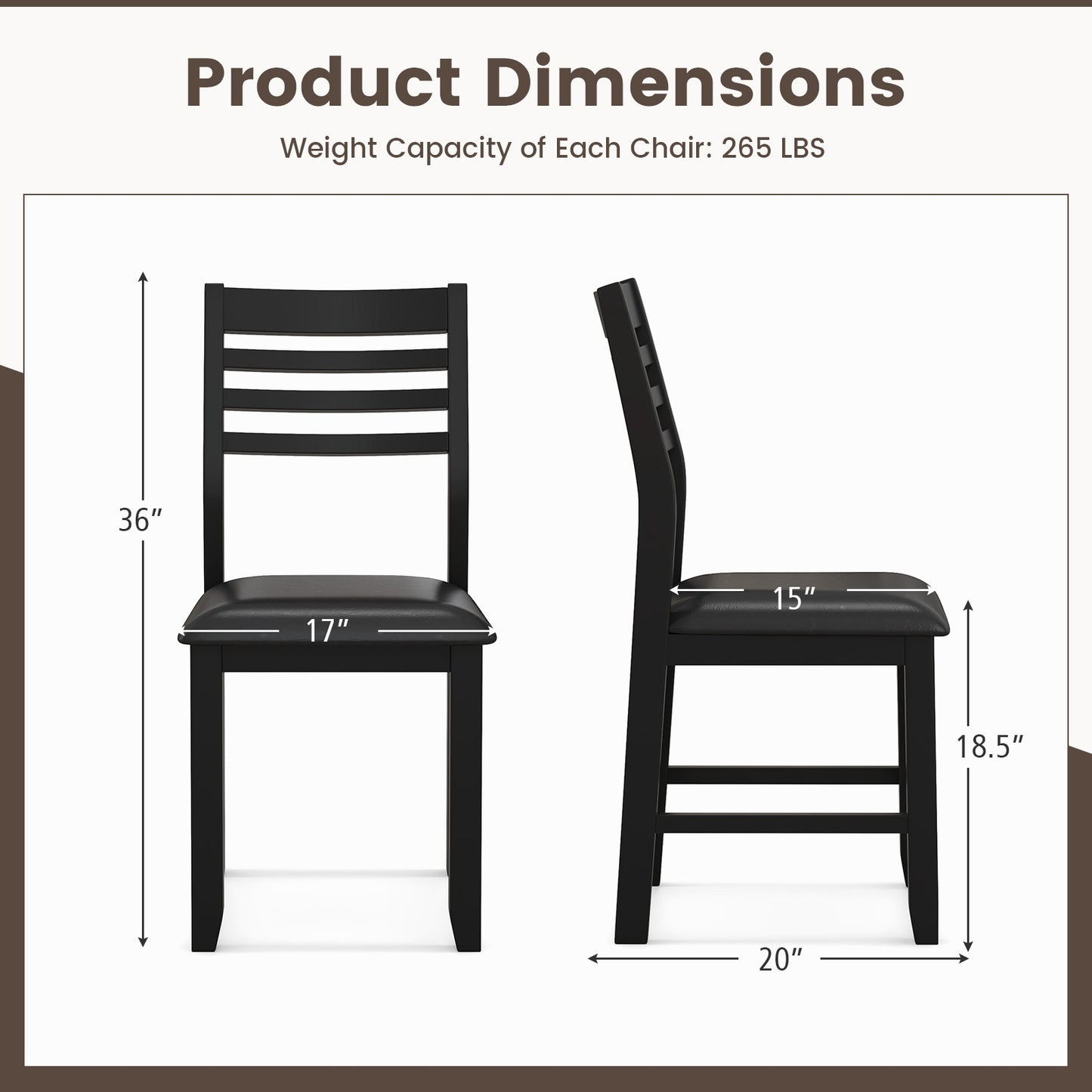 Set of 2 Wooden Dining Chairs with Cushioned Seat and Rubber Wood Frame – Black