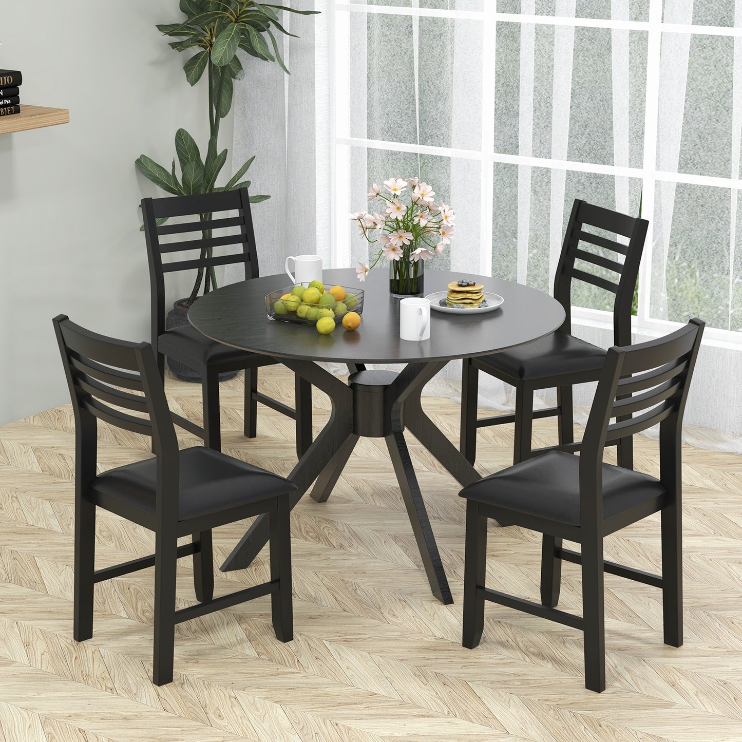 Set of 2 Wooden Dining Chairs with Cushioned Seat and Rubber Wood Frame – Black
