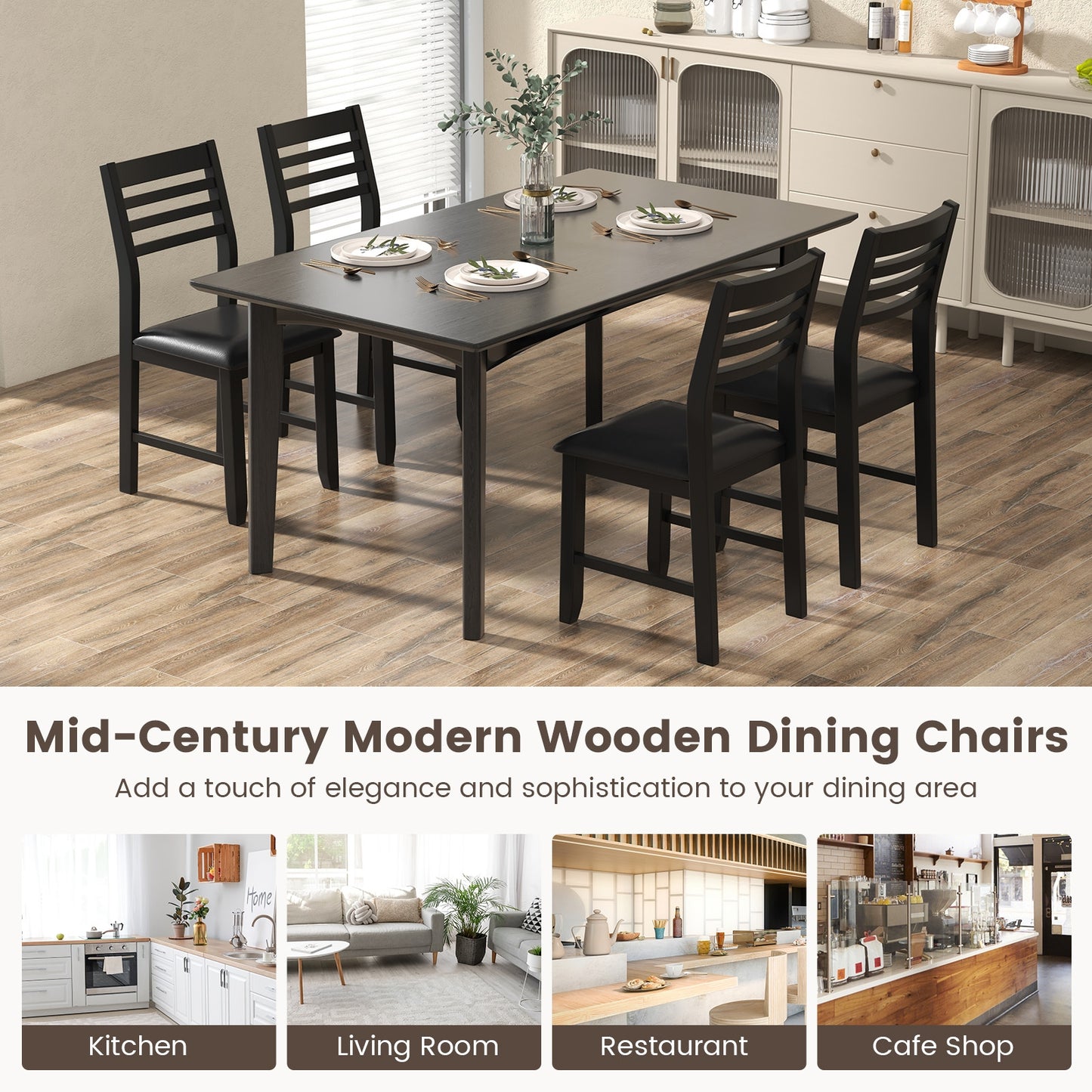 Set of 2 Wooden Dining Chairs with Cushioned Seat and Rubber Wood Frame – Black