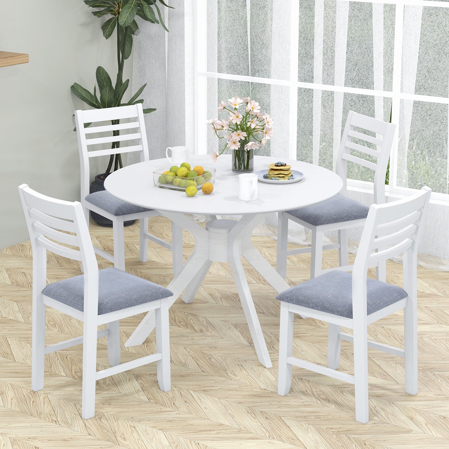 Set of 2 Wooden Dining Chairs with Cushioned Seat and Rubber Wood Frame – White