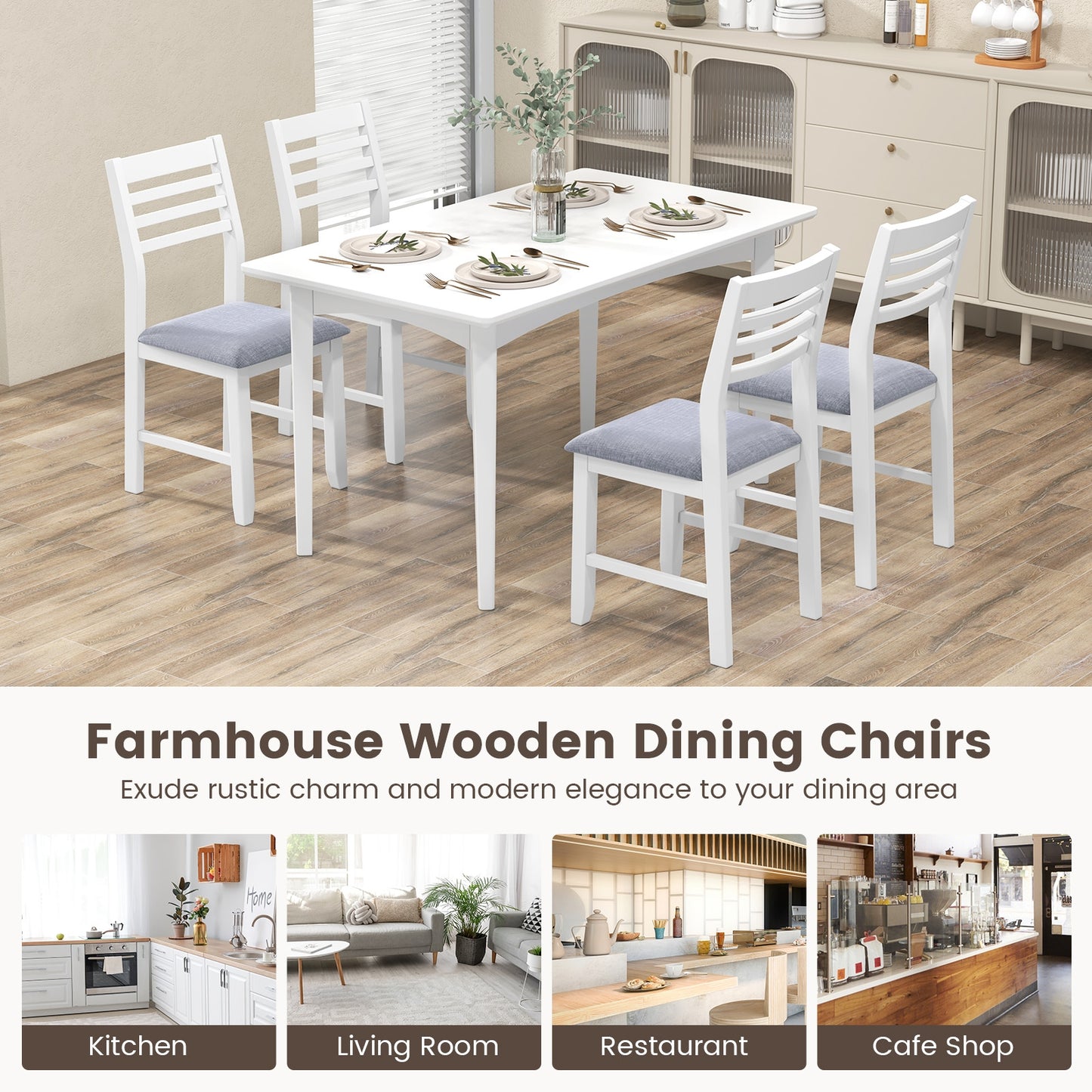 Set of 2 Wooden Dining Chairs with Cushioned Seat and Rubber Wood Frame – White