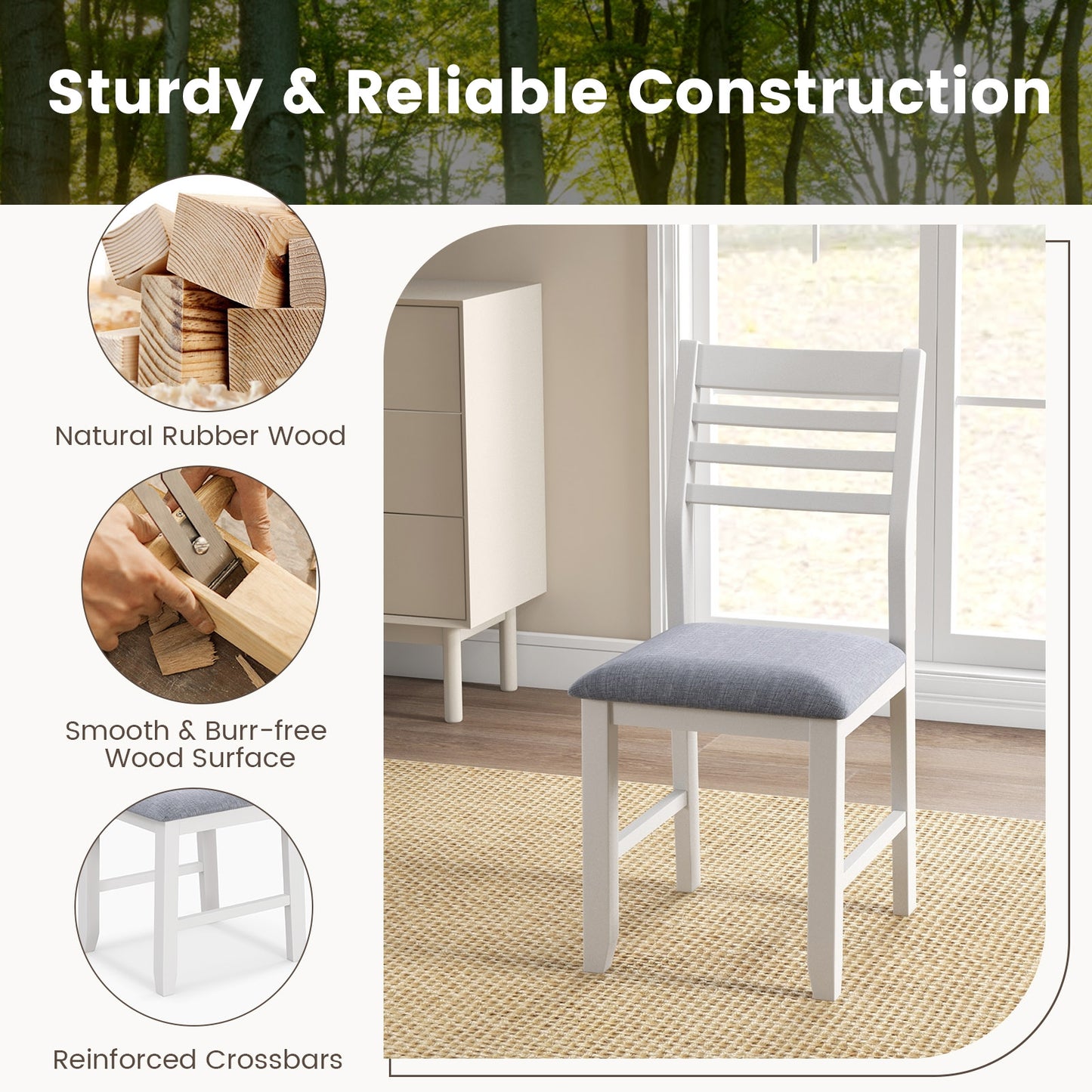 Set of 2 Wooden Dining Chairs with Cushioned Seat and Rubber Wood Frame – White