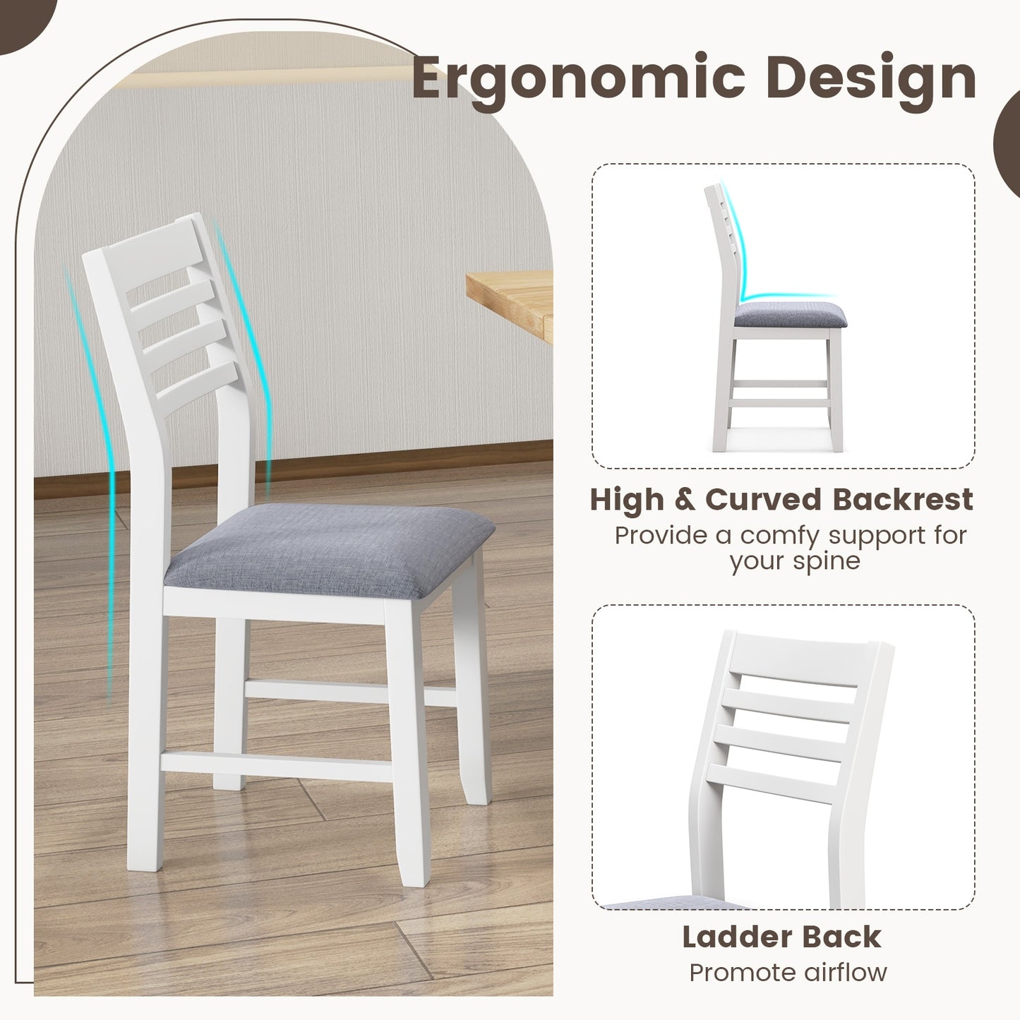 Set of 2 Wooden Dining Chairs with Cushioned Seat and Rubber Wood Frame – White