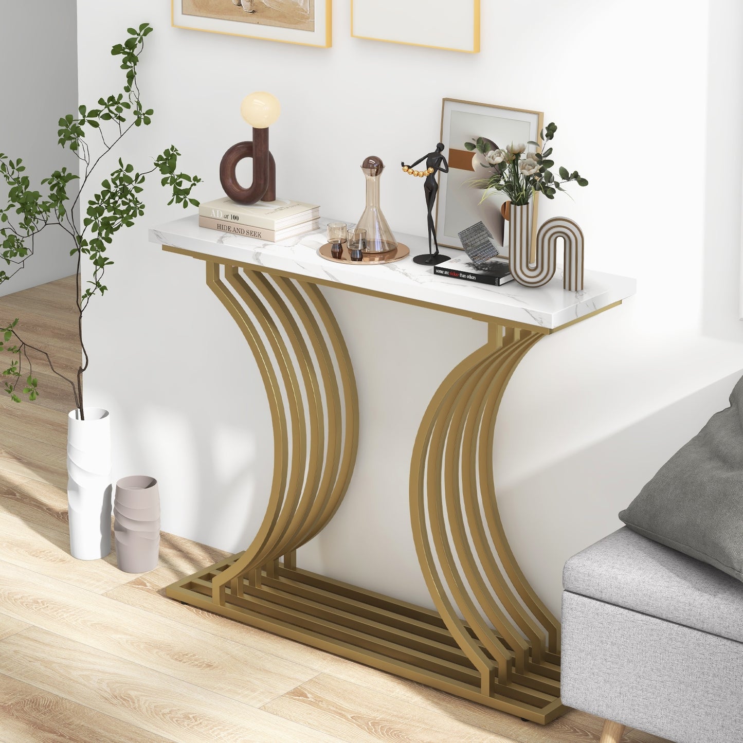 Elegant 39" Entryway Table with Faux Marble Surface and Sleek Gold Frame