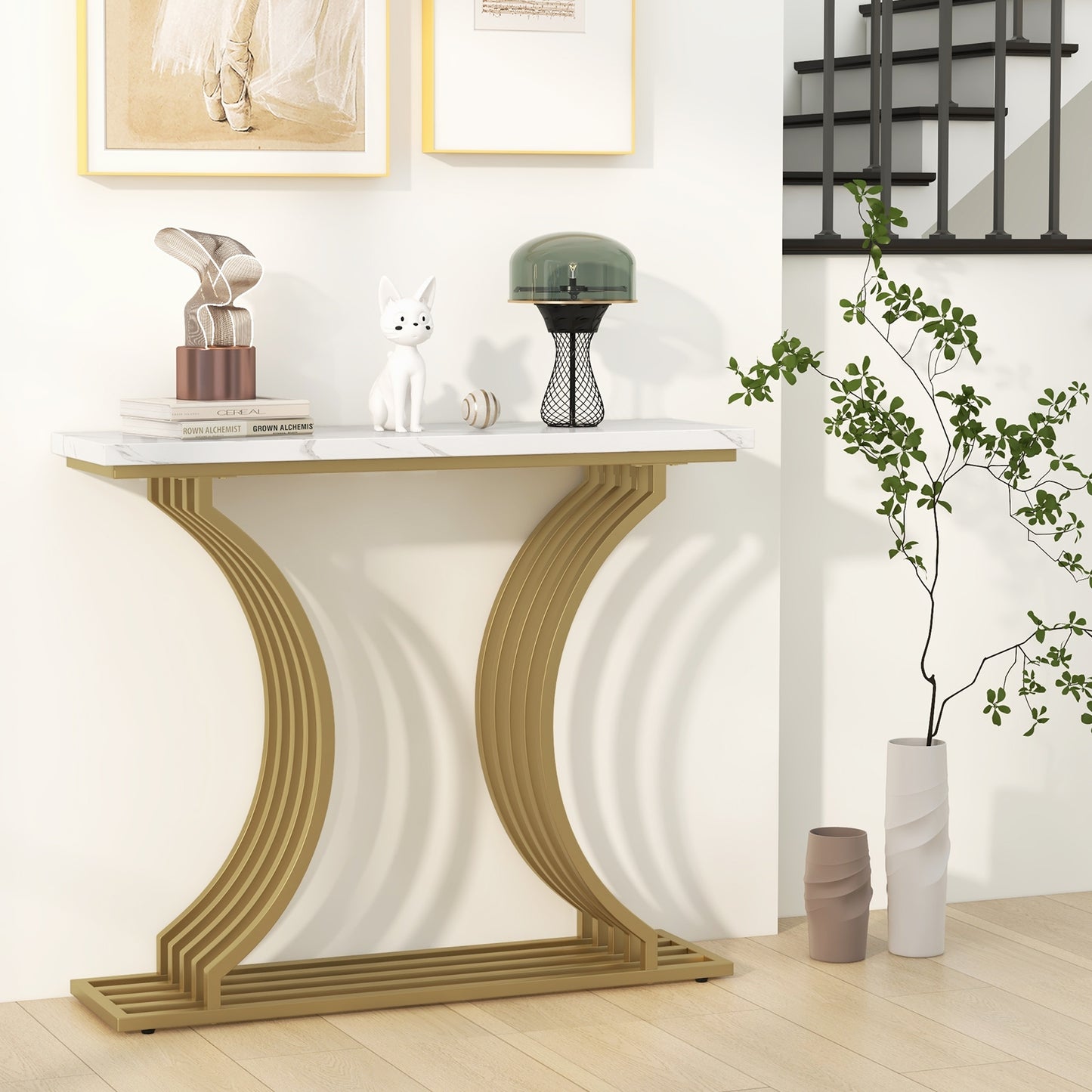 Elegant 39" Entryway Table with Faux Marble Surface and Sleek Gold Frame