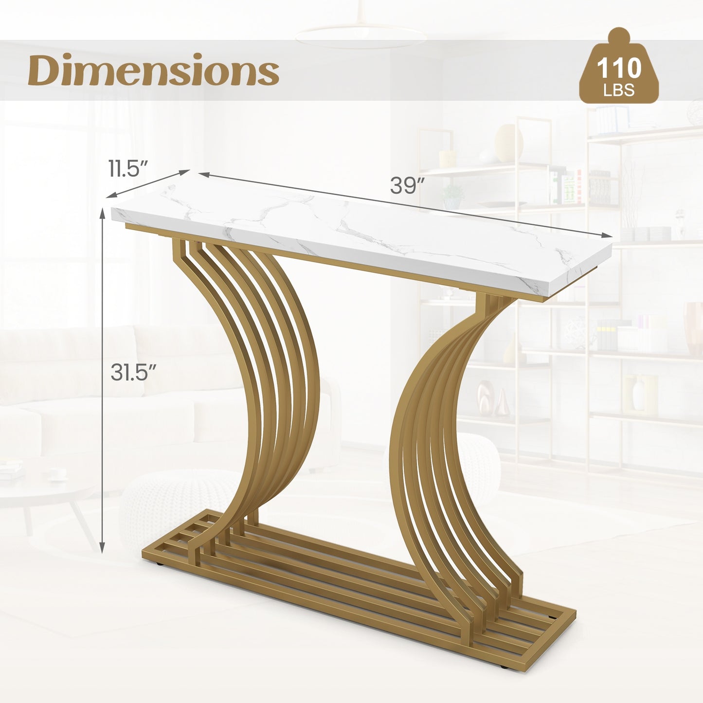 Elegant 39" Entryway Table with Faux Marble Surface and Sleek Gold Frame